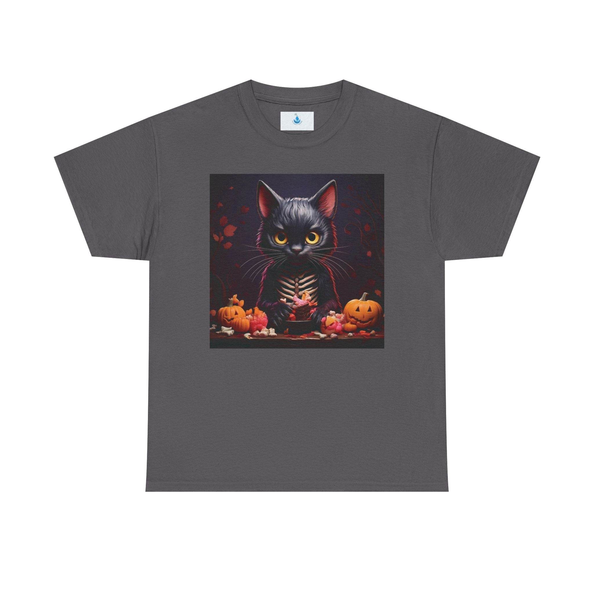 Halloween Cat Graphic Tee, Unisex Heavy Cotton Shirt, Spooky Apparel, Trick or Treat Shirt, Autumn Fashion, Halloween Costume Top - Flowly Home