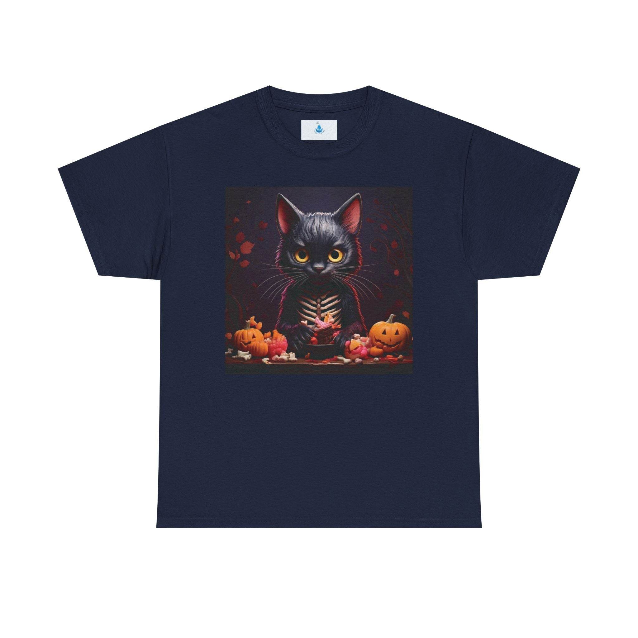 Halloween Cat Graphic Tee, Unisex Heavy Cotton Shirt, Spooky Apparel, Trick or Treat Shirt, Autumn Fashion, Halloween Costume Top - Flowly Home