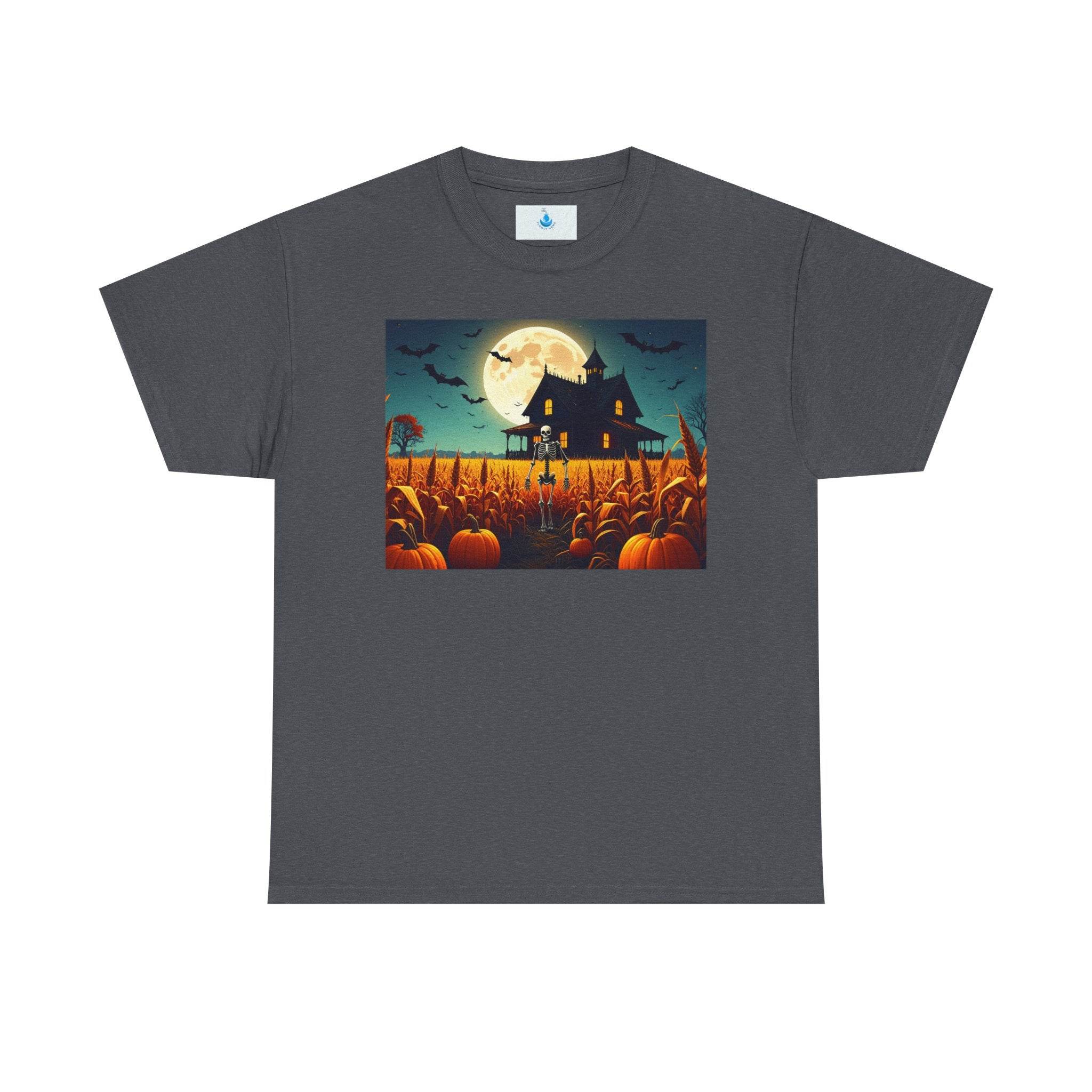 Halloween Pumpkin House Tee, Unisex Heavy Cotton Tee, Spooky Shirt, Fall Fashion Tee, Halloween Costume Tee, Pumpkin Patch Shirt - Flowly Home