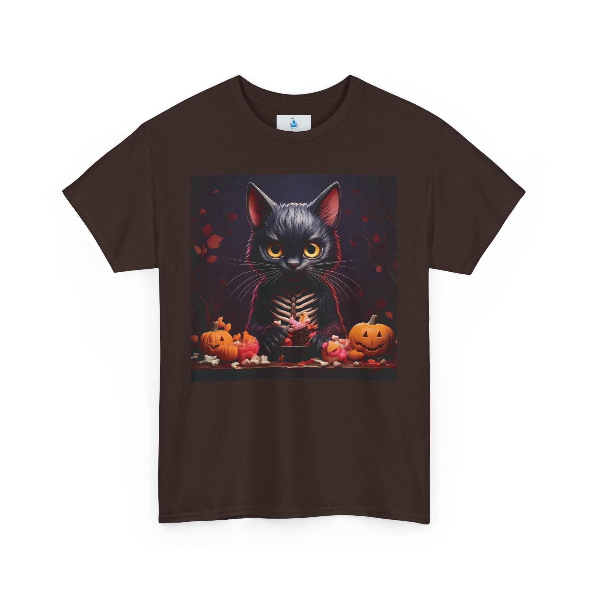 Halloween Cat Graphic Tee, Unisex Heavy Cotton Shirt, Spooky Apparel, Trick or Treat Shirt, Autumn Fashion, Halloween Costume Top - Flowly Home