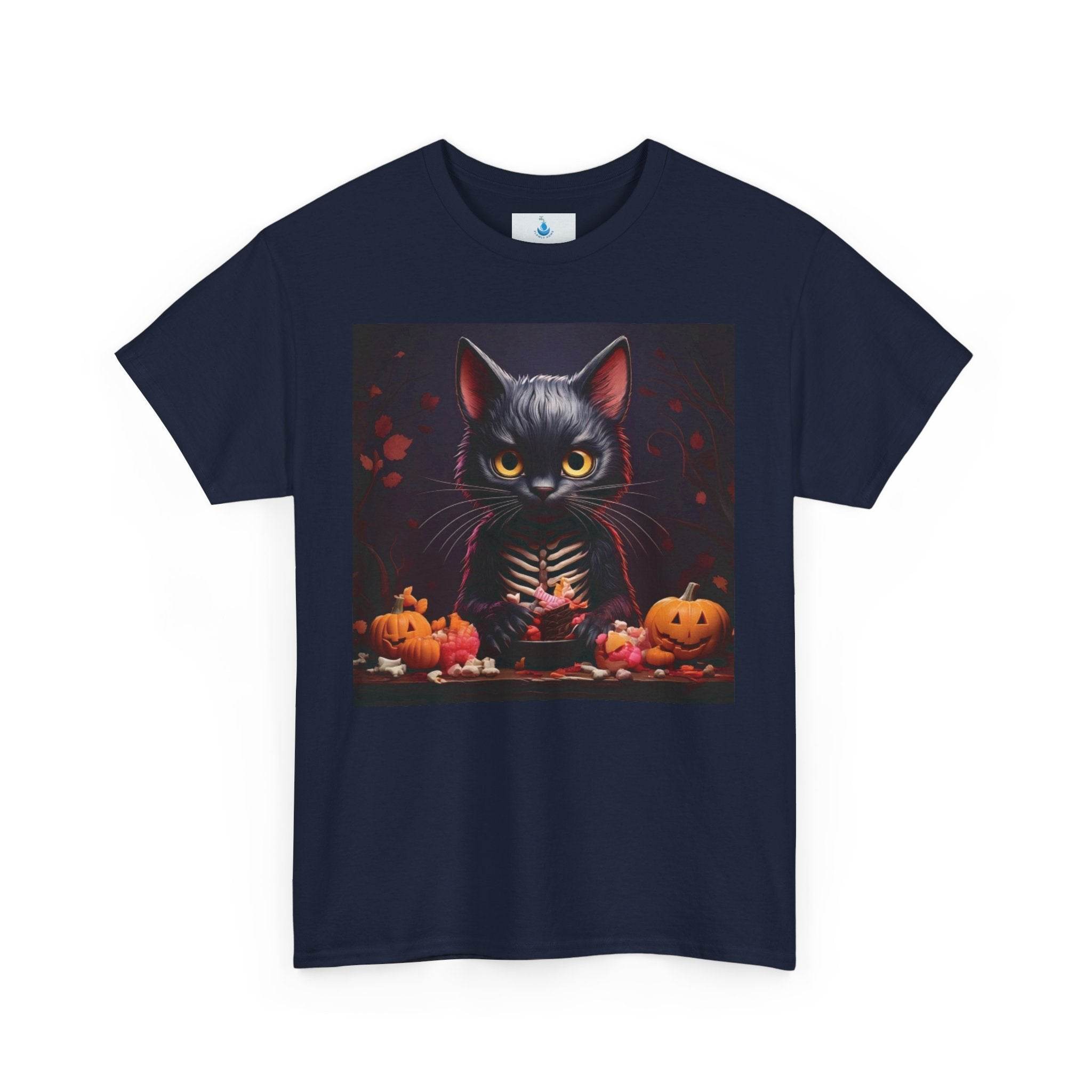 Halloween Cat Graphic Tee, Unisex Heavy Cotton Shirt, Spooky Apparel, Trick or Treat Shirt, Autumn Fashion, Halloween Costume Top - Flowly Home