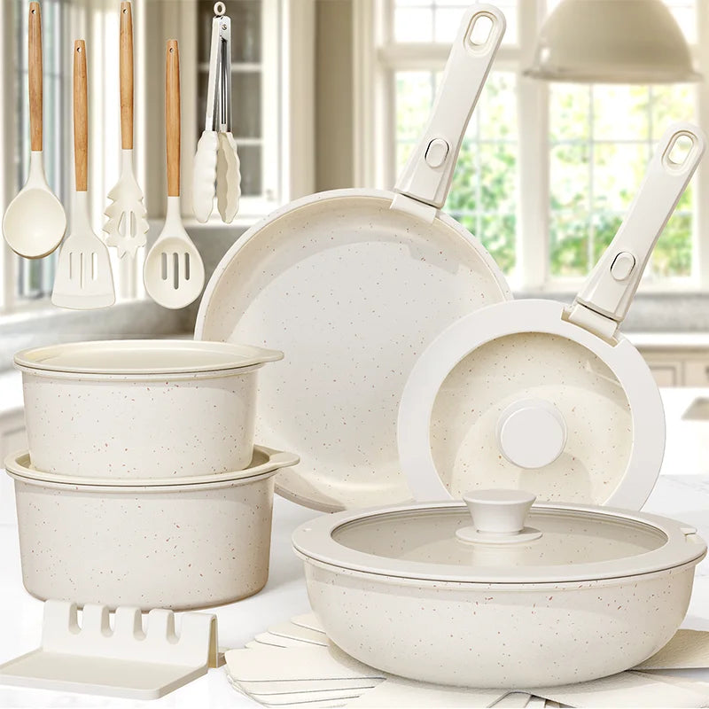 21 Piece Astercook Non-Stick Cookware Set, Ceramic Pots and Pans with Sensor Handles, Milky White