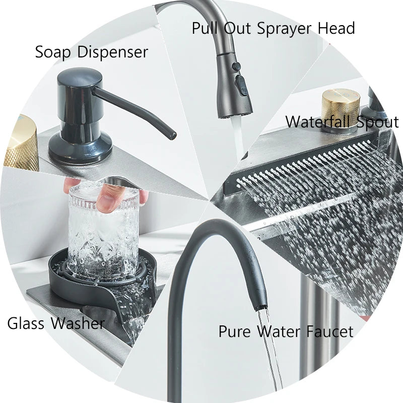 304 Stainless Steel Waterfall Kitchen Sink with Integrated Faucet Set, Soap Dispenser, Pure Water, and Cup Washer - Large 60X45cm
