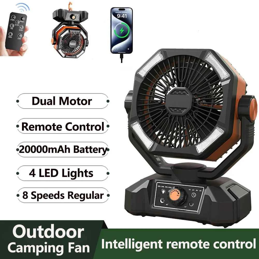 coldSky 20000mAh Battery Camping Fan with 4 LED Lantern 8 Speeds Desk Fan Portable Outdoor Fan for Tent Power Outages Jobsite