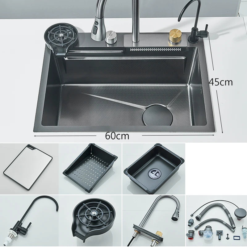 304 Stainless Steel Waterfall Kitchen Sink with Integrated Faucet Set, Soap Dispenser, Pure Water, and Cup Washer - Large 60X45cm