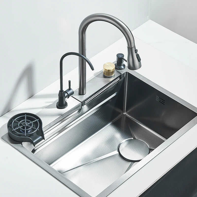 304 Stainless Steel Waterfall Kitchen Sink with Integrated Faucet Set, Soap Dispenser, Pure Water, and Cup Washer - Large 60X45cm