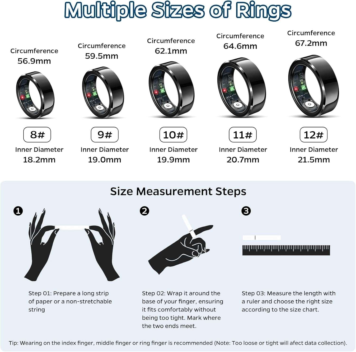 Smart Ring Health Tracker, Sleep Tracker Ring with Heart Rate, Waterproof Fitness Ring for Activity Monitoring/Steps/Distance/Calories, Air Gestures, up to 7-Day Battery, for Ios Android (Black,#10)