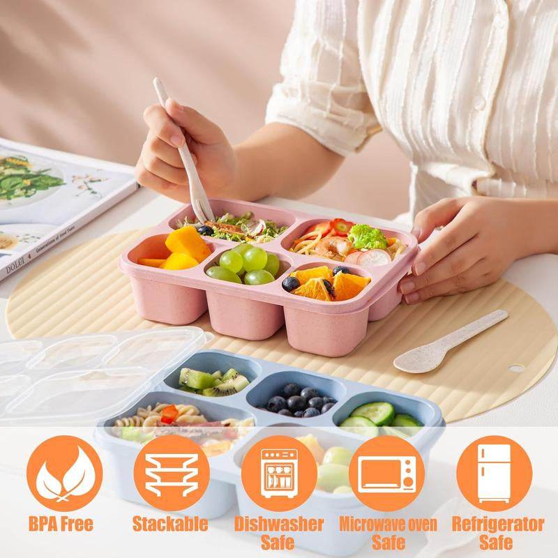 Bento Box Lunch Containers - 4 Pack 5-Compartment Meal Prep Containers for Adults and Kids, Reusable Food Storage Snack Containers with Lids for School, Work, and Travel - Flowly Home