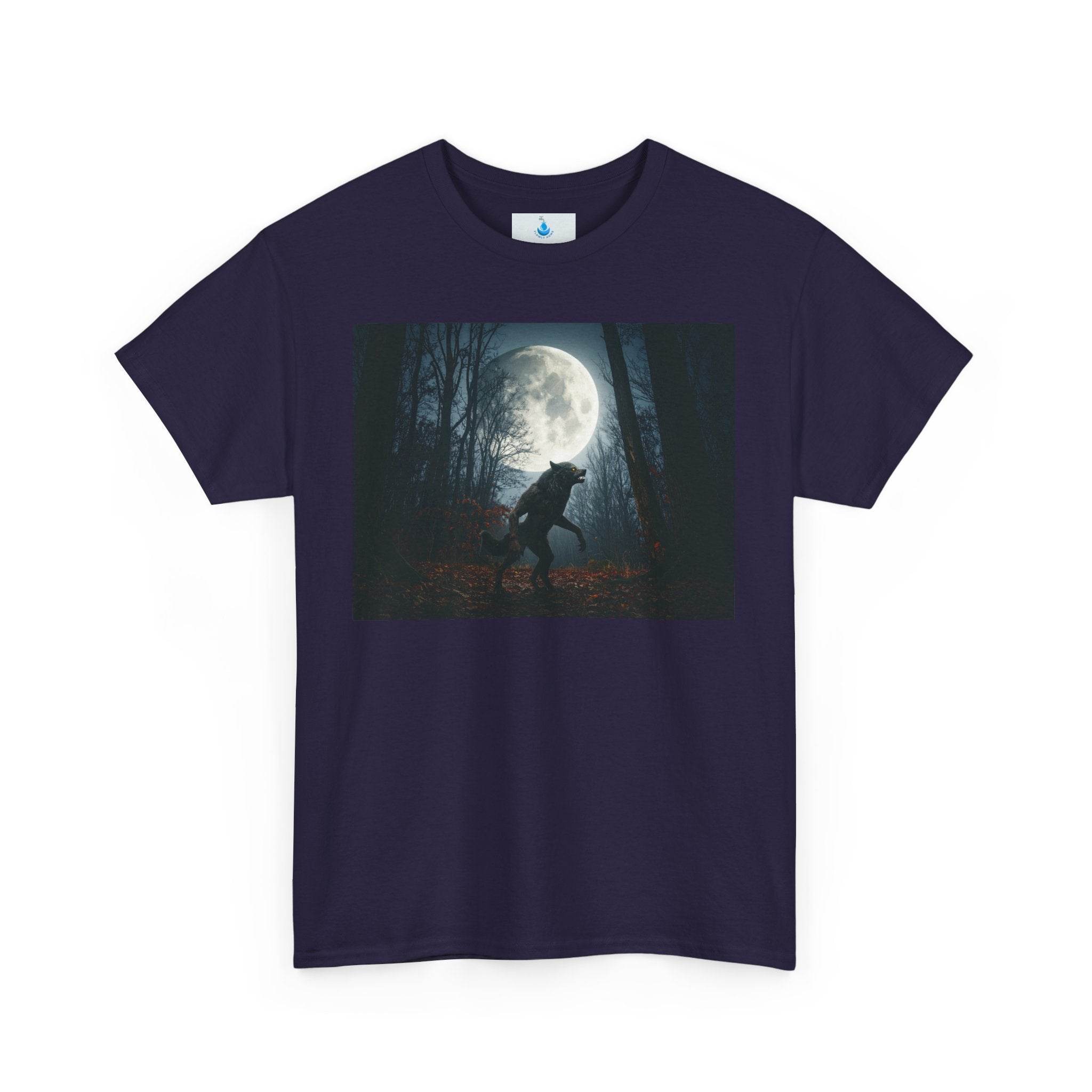Moody Wolf Moon Unisex Heavy Cotton Tee, Graphic Tee, Nature Lover Shirt, Gift for Friends, Casual Outfit, Halloween Clothing - Flowly Home