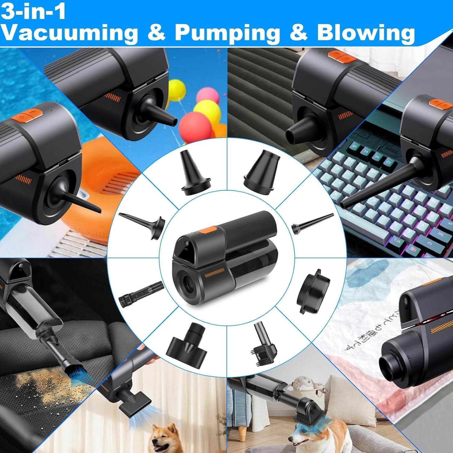 Handheld Cordless Car Vacuum with Strong Suction and Low Noise Inflator for Portable Cleaning - Flowly Home