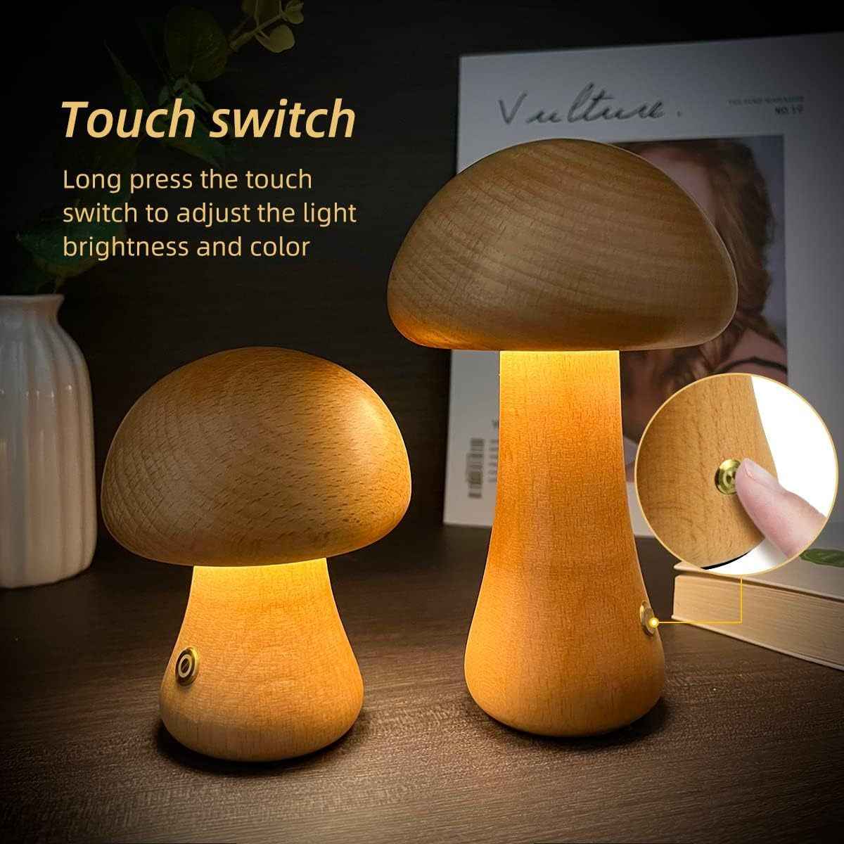 INS Wooden Mushroom LED Night Light with Touch Switch - Cute Bedside Table Lamp for Children's Room and Home Decor