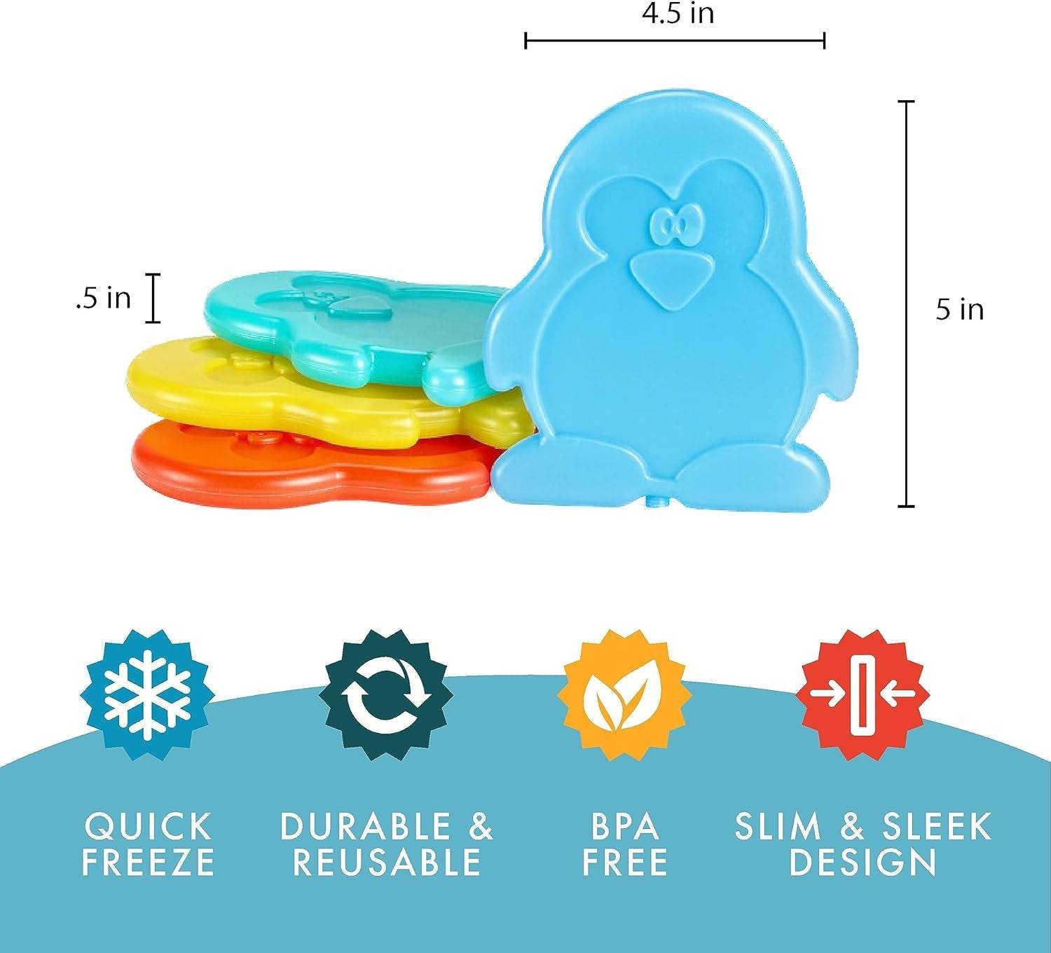 Coolers Kids Lunch Box Ice Packs - Slim Reusable Ice Packs for Lunch Bags, Set of 4 Multicolored Penguin Design - Flowly Home