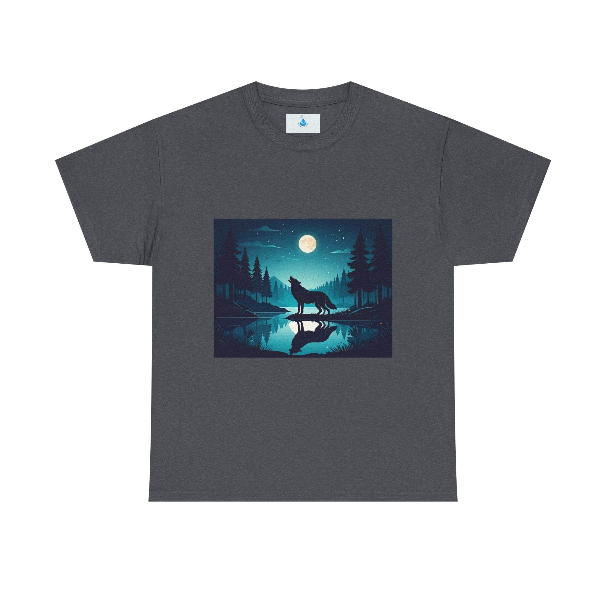 Mystical Wolf Unisex Heavy Cotton Tee - Outdoor Adventure Shirt, Nature Lover Gift, Camping Apparel, Night Sky Tee, Eco-Friendly Clothing - Flowly Home