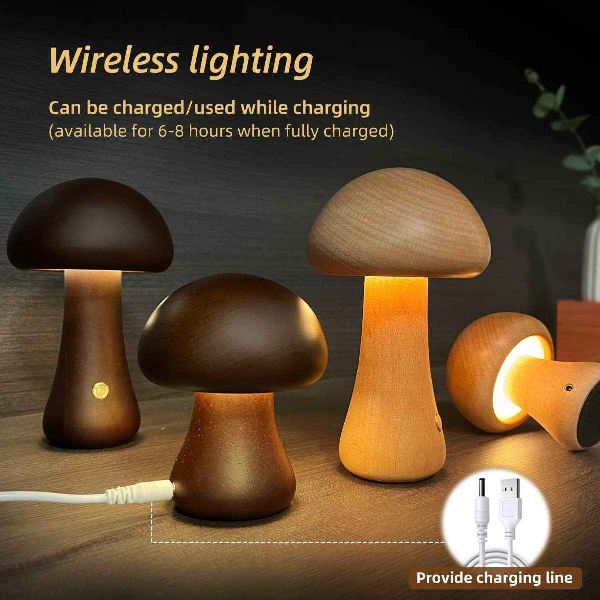 INS Wooden Mushroom LED Night Light with Touch Switch - Cute Bedside Table Lamp for Children's Room and Home Decor