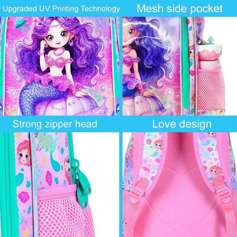 3Pcs Mermaid Backpack for Girls, 16" Kids Bookbag with Lunch Box, School Backpacks Set for Elementary Preschool Kindergarten(Pink)
