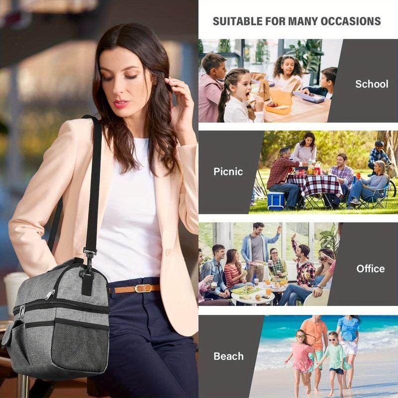 Insulated Lunch Bag - Large Grey Tote with 2 Compartments, Shoulder Straps, Leak-Proof Design - Reusable for Men, Women, and Adults - Ideal for Office, School, and Picnics - Flowly Home