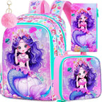 3Pcs Mermaid Backpack for Girls, 16" Kids Bookbag with Lunch Box, School Backpacks Set for Elementary Preschool Kindergarten(Pink)