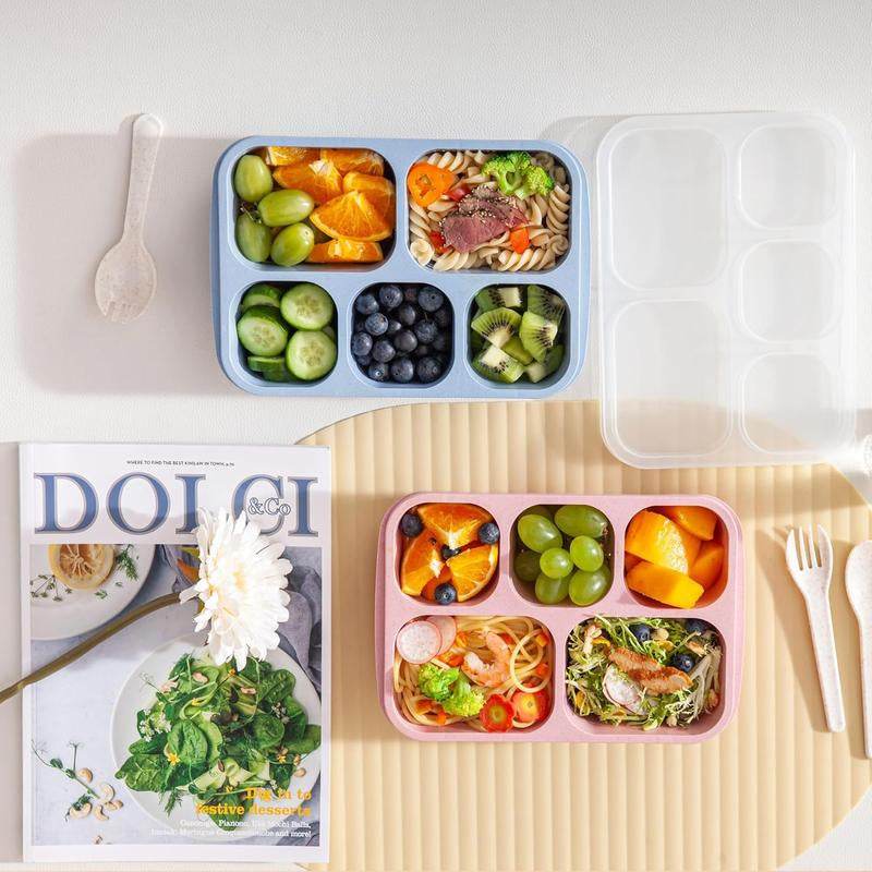 Bento Box Lunch Containers - 4 Pack 5-Compartment Meal Prep Containers for Adults and Kids, Reusable Food Storage Snack Containers with Lids for School, Work, and Travel - Flowly Home