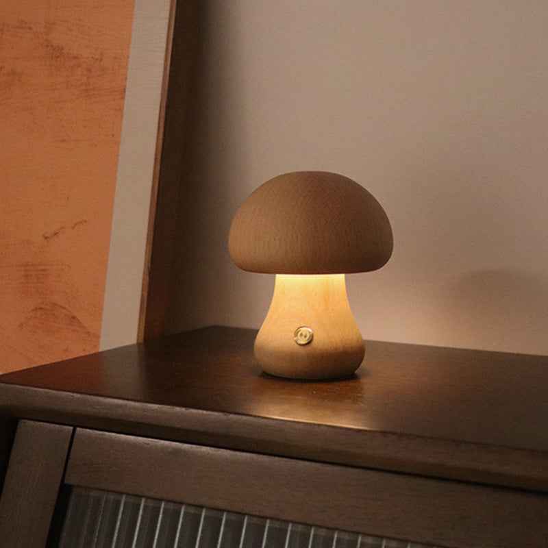 INS Wooden Mushroom LED Night Light with Touch Switch - Cute Bedside Table Lamp for Children's Room and Home Decor