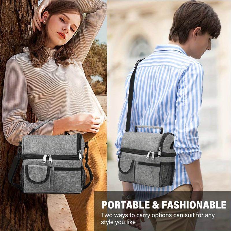 Insulated Lunch Bag - Large Grey Tote with 2 Compartments, Shoulder Straps, Leak-Proof Design - Reusable for Men, Women, and Adults - Ideal for Office, School, and Picnics - Flowly Home