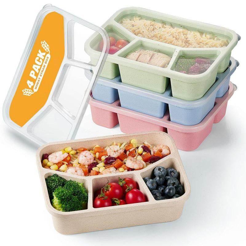 Bento Lunch Box 4 Pack - 4 Compartment Wheat Straw Meal Prep Containers for Kids, Toddlers, and Adults - BPA Free Reusable Food Storage for School, Work, and Travel - Flowly Home