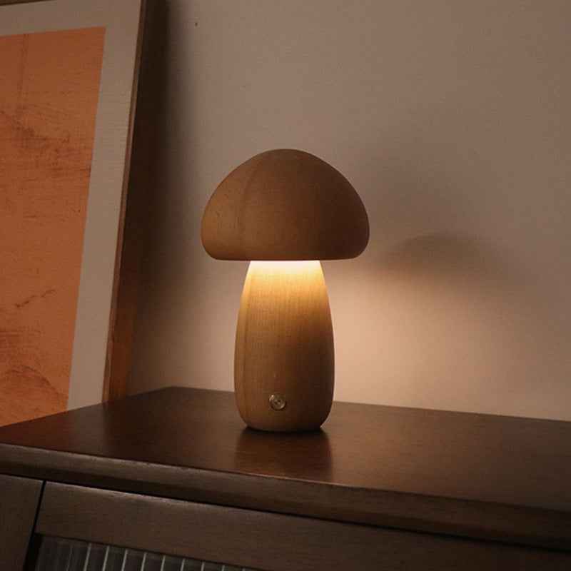 INS Wooden Mushroom LED Night Light with Touch Switch - Cute Bedside Table Lamp for Children's Room and Home Decor