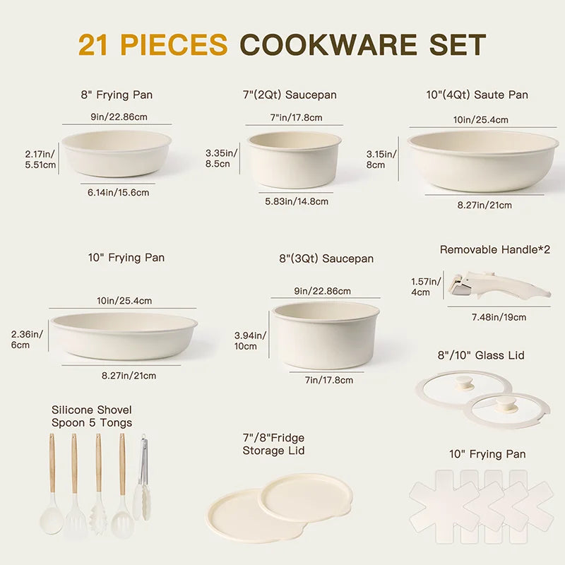 21 Piece Astercook Non-Stick Cookware Set, Ceramic Pots and Pans with Sensor Handles, Milky White