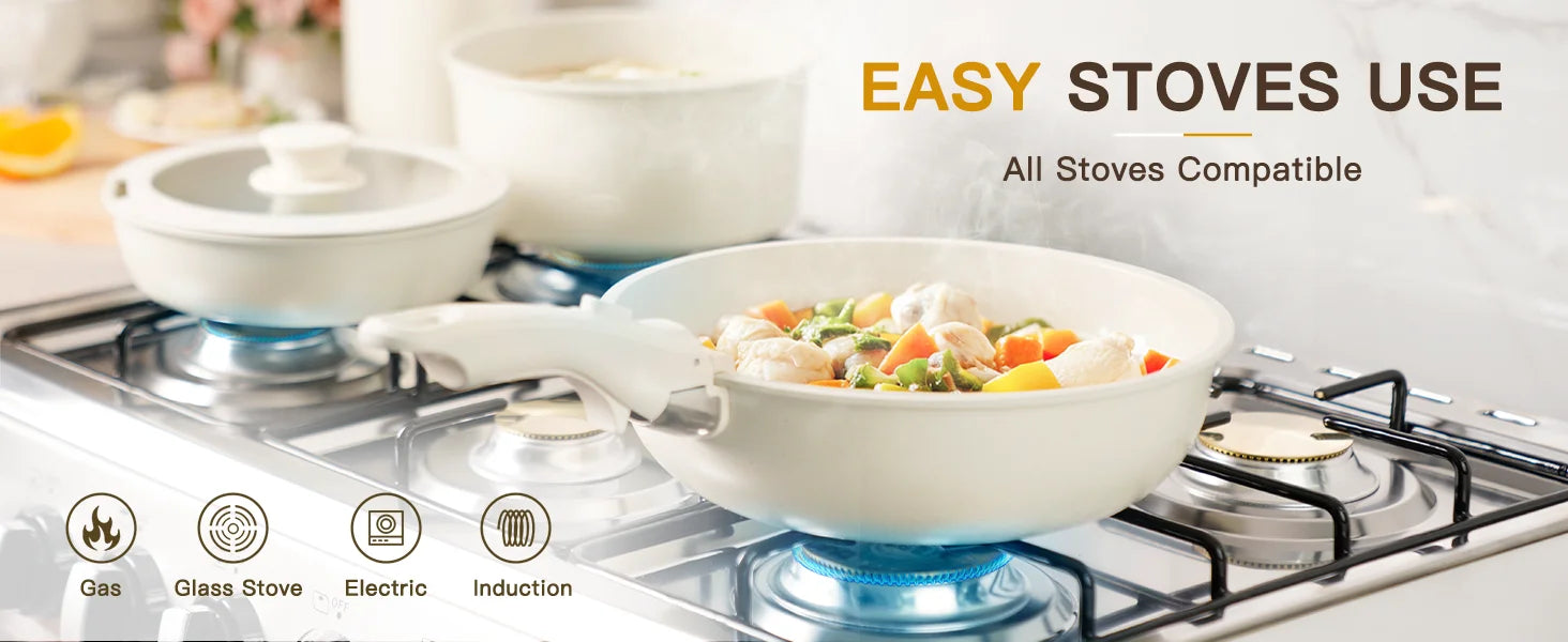 21 Piece Astercook Non-Stick Cookware Set, Ceramic Pots and Pans with Sensor Handles, Milky White