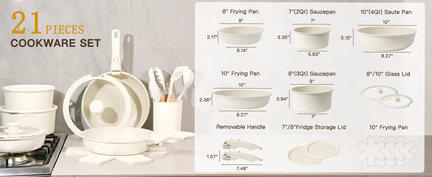 21 Piece Astercook Non-Stick Cookware Set, Ceramic Pots and Pans with Sensor Handles, Milky White