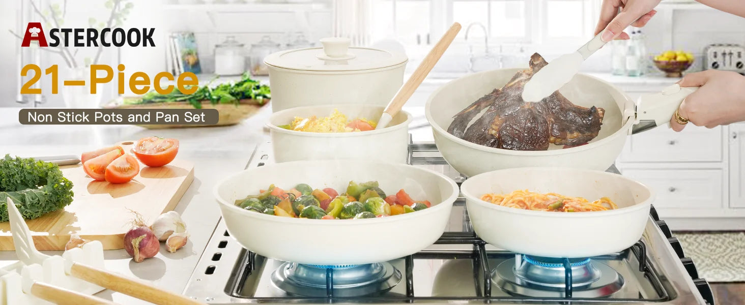 21 Piece Astercook Non-Stick Cookware Set, Ceramic Pots and Pans with Sensor Handles, Milky White