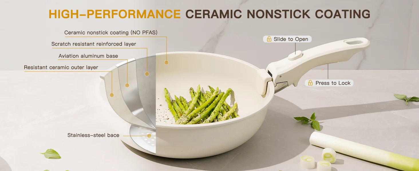 21 Piece Astercook Non-Stick Cookware Set, Ceramic Pots and Pans with Sensor Handles, Milky White