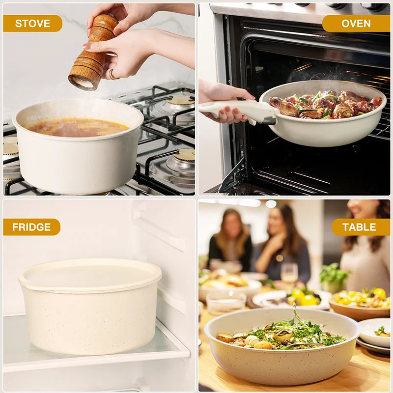 21 Piece Astercook Non-Stick Cookware Set, Ceramic Pots and Pans with Sensor Handles, Milky White