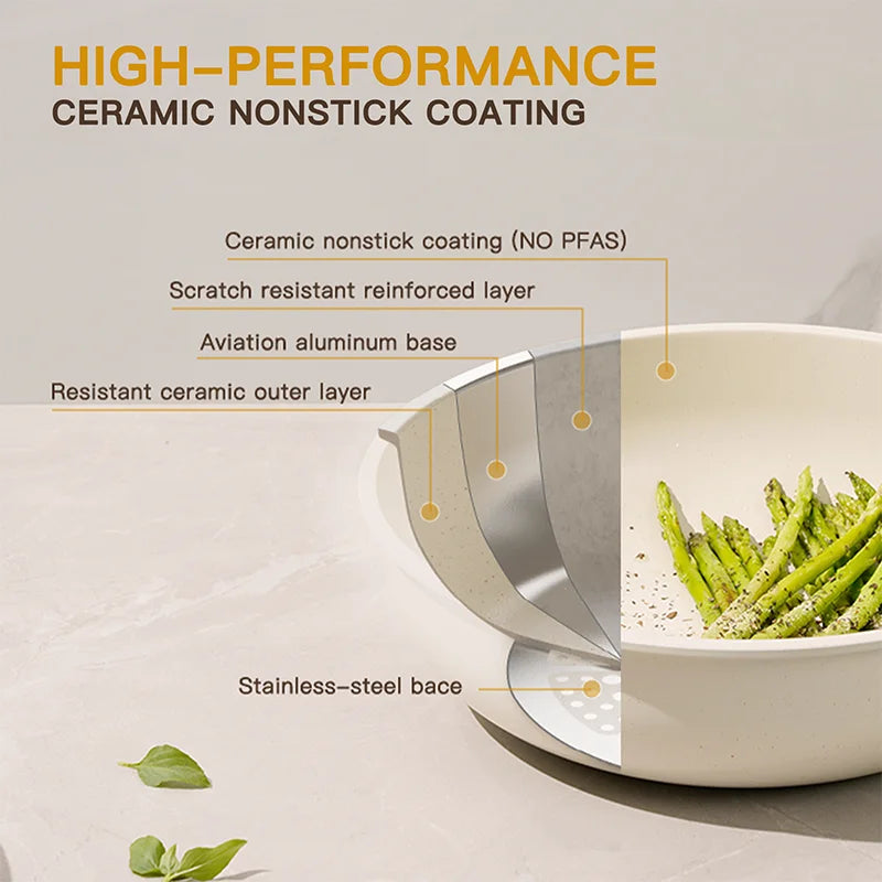 21 Piece Astercook Non-Stick Cookware Set, Ceramic Pots and Pans with Sensor Handles, Milky White