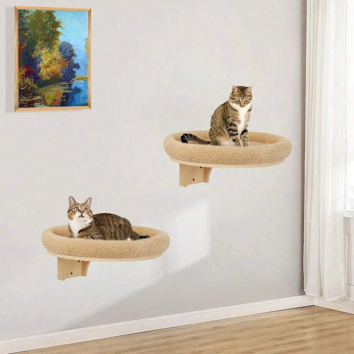 Cat Wall Mounted Furniture with Solid Wooden Climbing Ladder, Hammock, and Scratching Post for Indoor Cats
