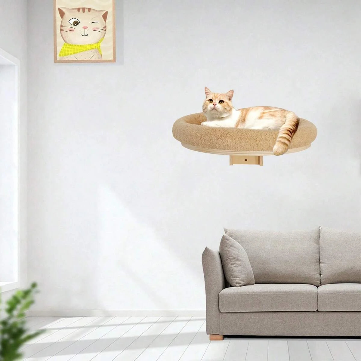 Cat Wall Mounted Furniture with Solid Wooden Climbing Ladder, Hammock, and Scratching Post for Indoor Cats