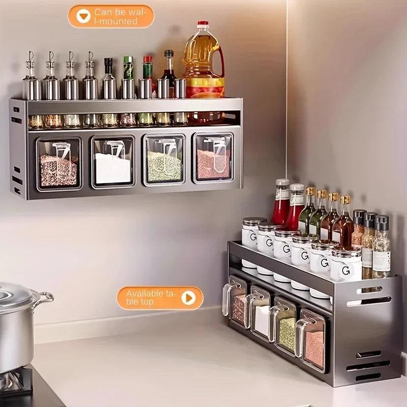 Stainless Steel Kitchen Spice Rack Wall-Mounted Multi-Functional Spice Rack Box Jar Kitchen Storage Home Organizer
