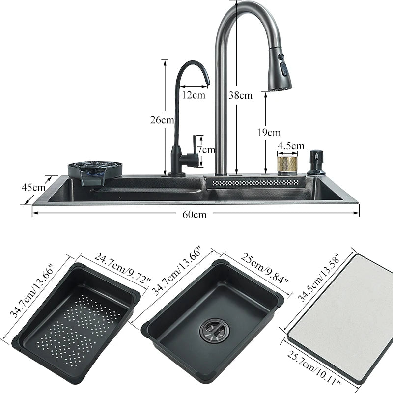 304 Stainless Steel Waterfall Kitchen Sink with Integrated Faucet Set, Soap Dispenser, Pure Water, and Cup Washer - Large 60X45cm