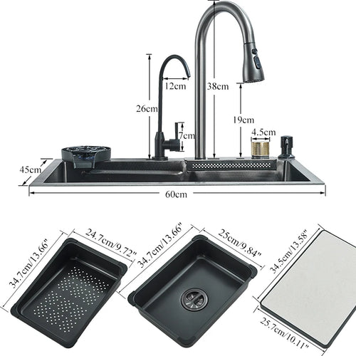 304 Stainless Steel Waterfall Kitchen Sink with Integrated Faucet Set, Soap Dispenser, Pure Water, and Cup Washer - Large 60X45cm
