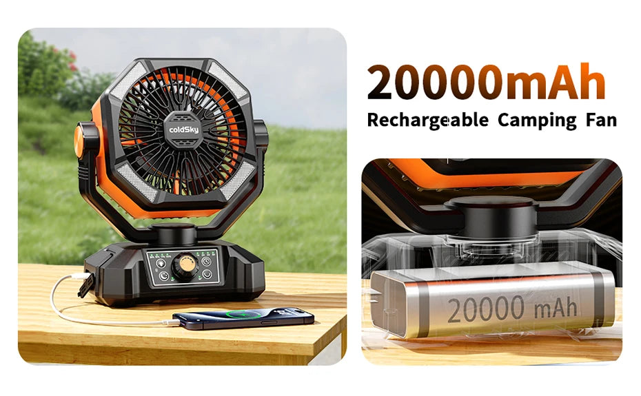 coldSky 20000mAh Camping Fan with Battery and 4 LED Lantern - 8 Speed Portable Outdoor Desk Fan for Tent, Power Outages, and Jobsite