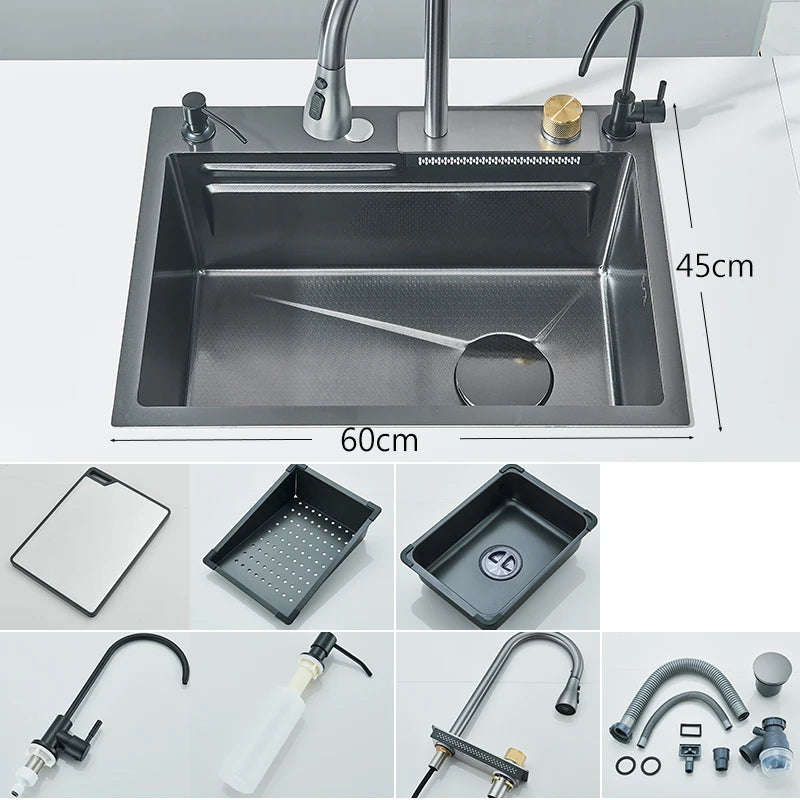 304 Stainless Steel Waterfall Kitchen Sink with Integrated Faucet Set, Soap Dispenser, Pure Water, and Cup Washer - Large 60X45cm