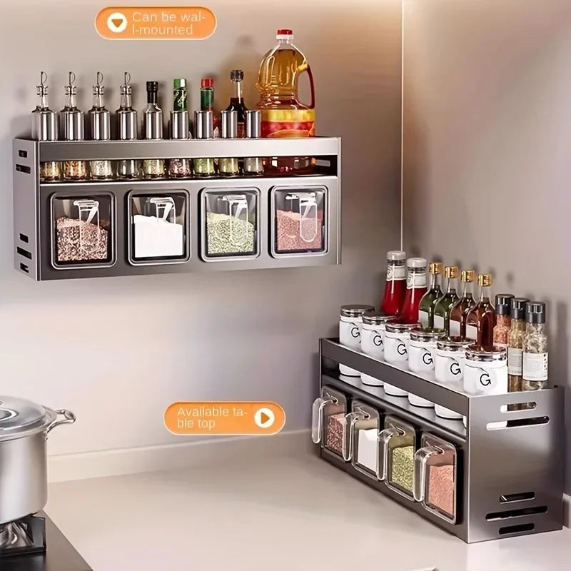 Stainless Steel Kitchen Spice Rack Wall-Mounted Multi-Functional Spice Rack Box Jar Kitchen Storage Home Organizer