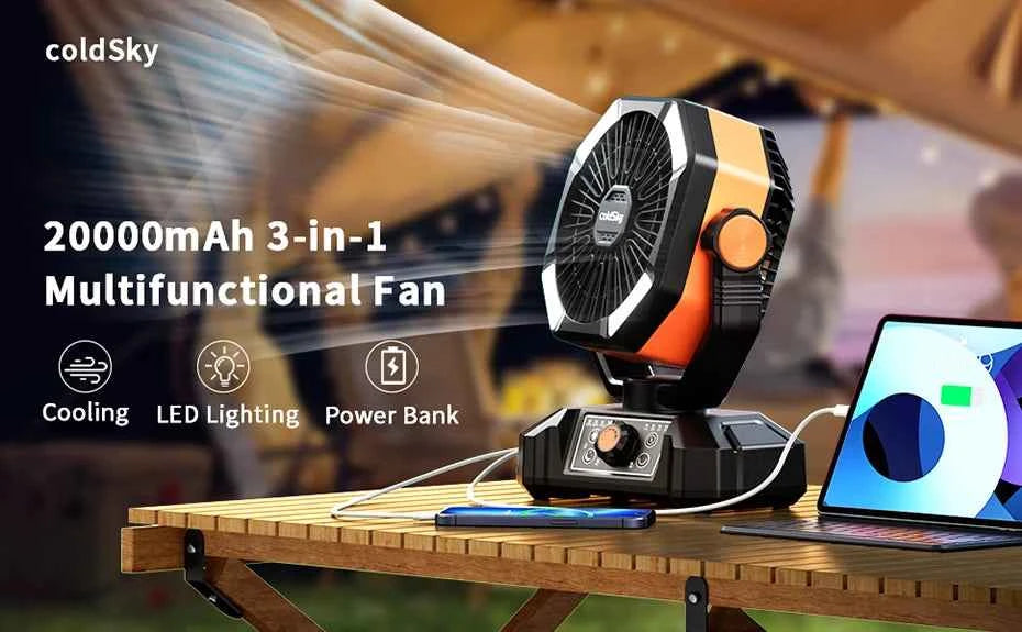 coldSky 20000mAh Battery Camping Fan with 4 LED Lantern 8 Speeds Desk Fan Portable Outdoor Fan for Tent Power Outages Jobsite