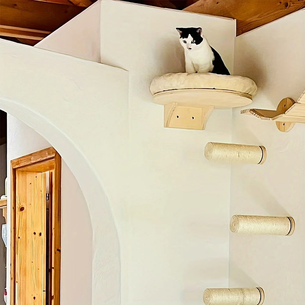 Cat Wall Mounted Furniture with Solid Wooden Climbing Ladder, Hammock, and Scratching Post for Indoor Cats