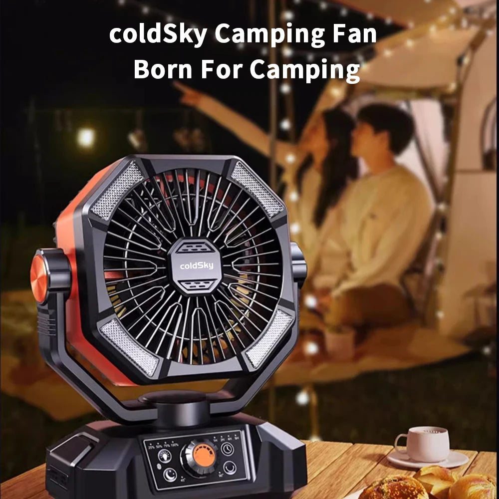 coldSky 20000mAh Camping Fan with Battery and 4 LED Lantern - 8 Speed Portable Outdoor Desk Fan for Tent, Power Outages, and Jobsite