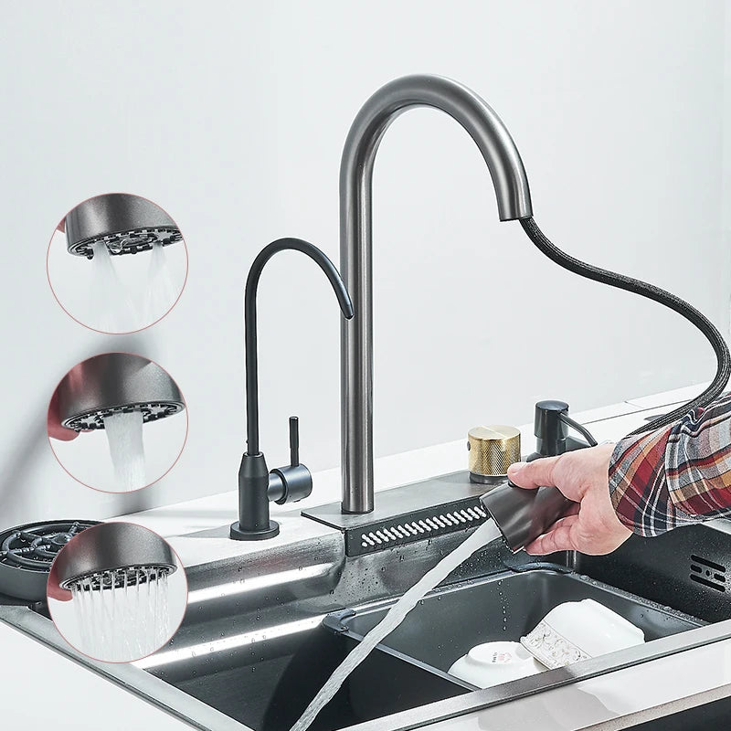 304 Stainless Steel Waterfall Kitchen Sink with Integrated Faucet Set, Soap Dispenser, Pure Water, and Cup Washer - Large 60X45cm