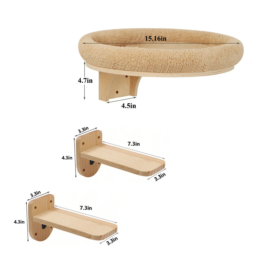 Cat Wall Mounted Furniture with Solid Wooden Climbing Ladder, Hammock, and Scratching Post for Indoor Cats