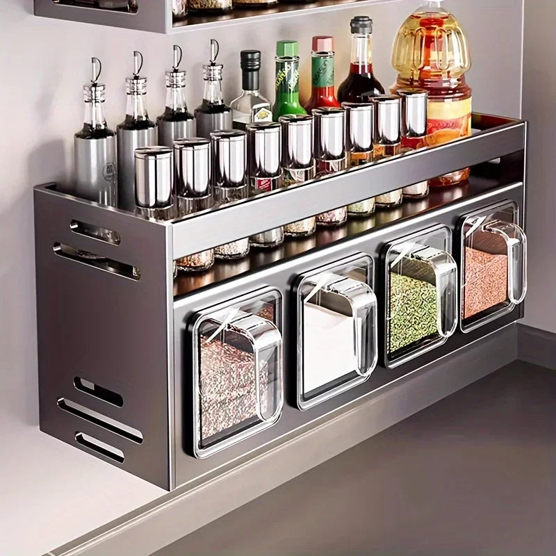 Stainless Steel Kitchen Spice Rack Wall-Mounted Multi-Functional Spice Rack Box Jar Kitchen Storage Home Organizer