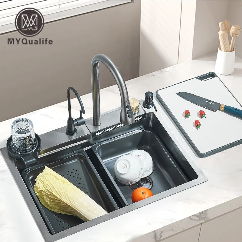 304 Stainless Steel Waterfall Kitchen Sink with Integrated Faucet Set, Soap Dispenser, Pure Water, and Cup Washer - Large 60X45cm