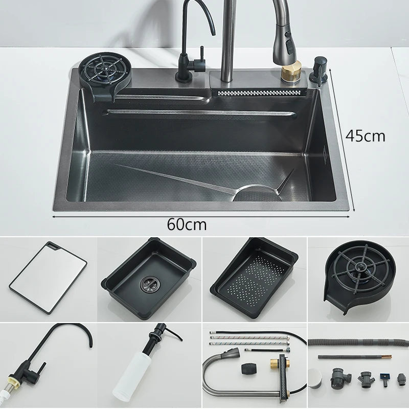 304 Stainless Steel Waterfall Kitchen Sink with Integrated Faucet Set, Soap Dispenser, Pure Water, and Cup Washer - Large 60X45cm