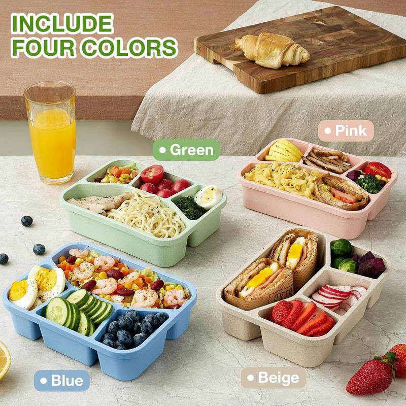 Bento Lunch Box 4 Pack - 4 Compartment Wheat Straw Meal Prep Containers for Kids, Toddlers, and Adults - BPA Free Reusable Food Storage for School, Work, and Travel - Flowly Home